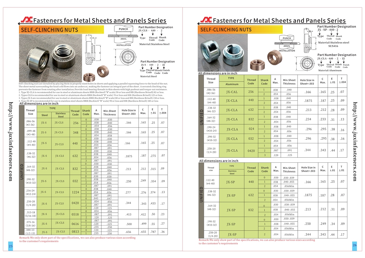 Self-Clinching Nuts - Types JX-S, JX-CLS, JX-CLA, JX-SP Self-Clinching Nuts - Types JX-S, JX-CLS, JX-CLA, JX-SP