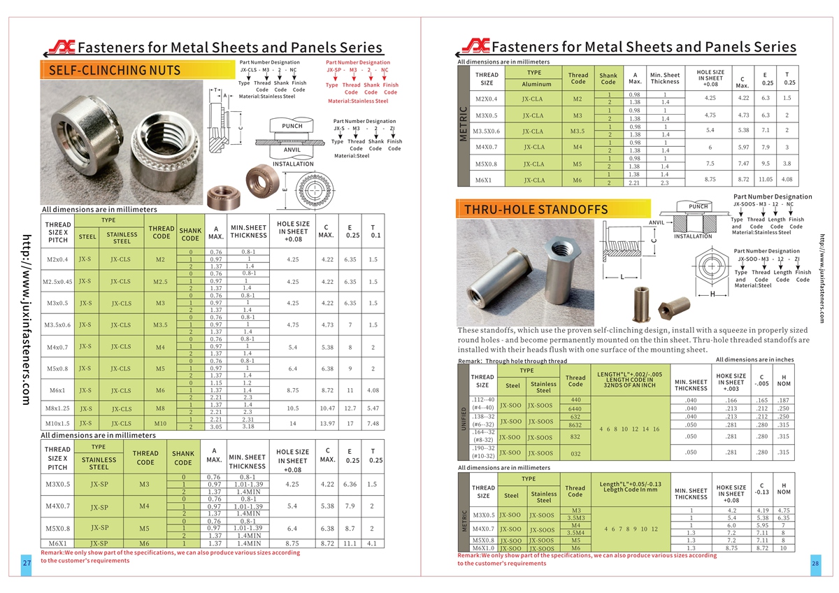 Thru-Hole Threaded Standoffs for Installation into Stainless Steel - Type JX-SOO, JX-SOOS Thru-Hole Threaded Standoffs for Installation into Stainless Steel - Type JX-SOO, JX-SOOS
