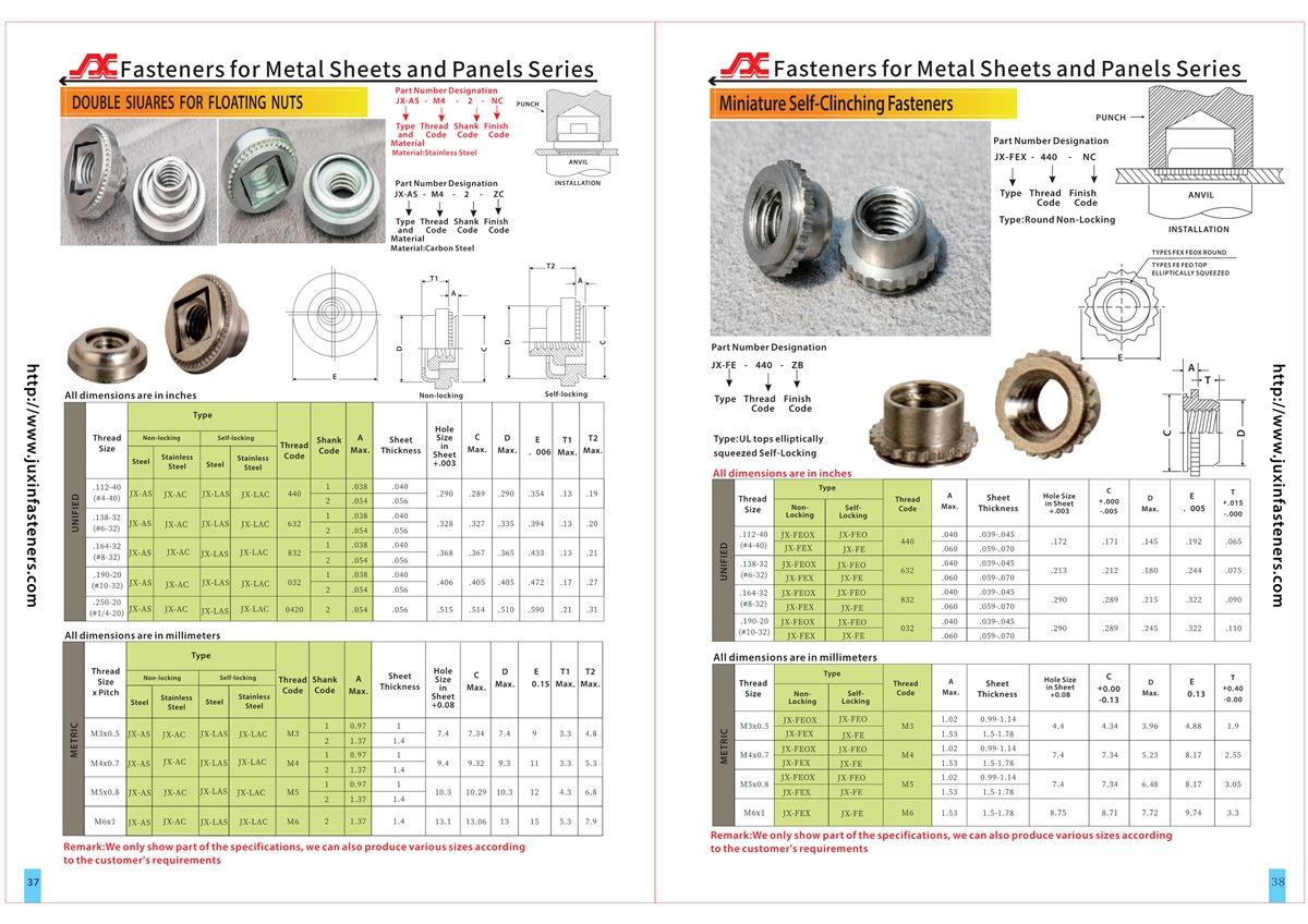 Miniature Self-Clinching Fasteners - Types JX-FE, JX-FEO, JX-FEOX, JX-FEX Miniature Self-Clinching Fasteners - Types JX-FE, JX-FEO, JX-FEOX, JX-FEX