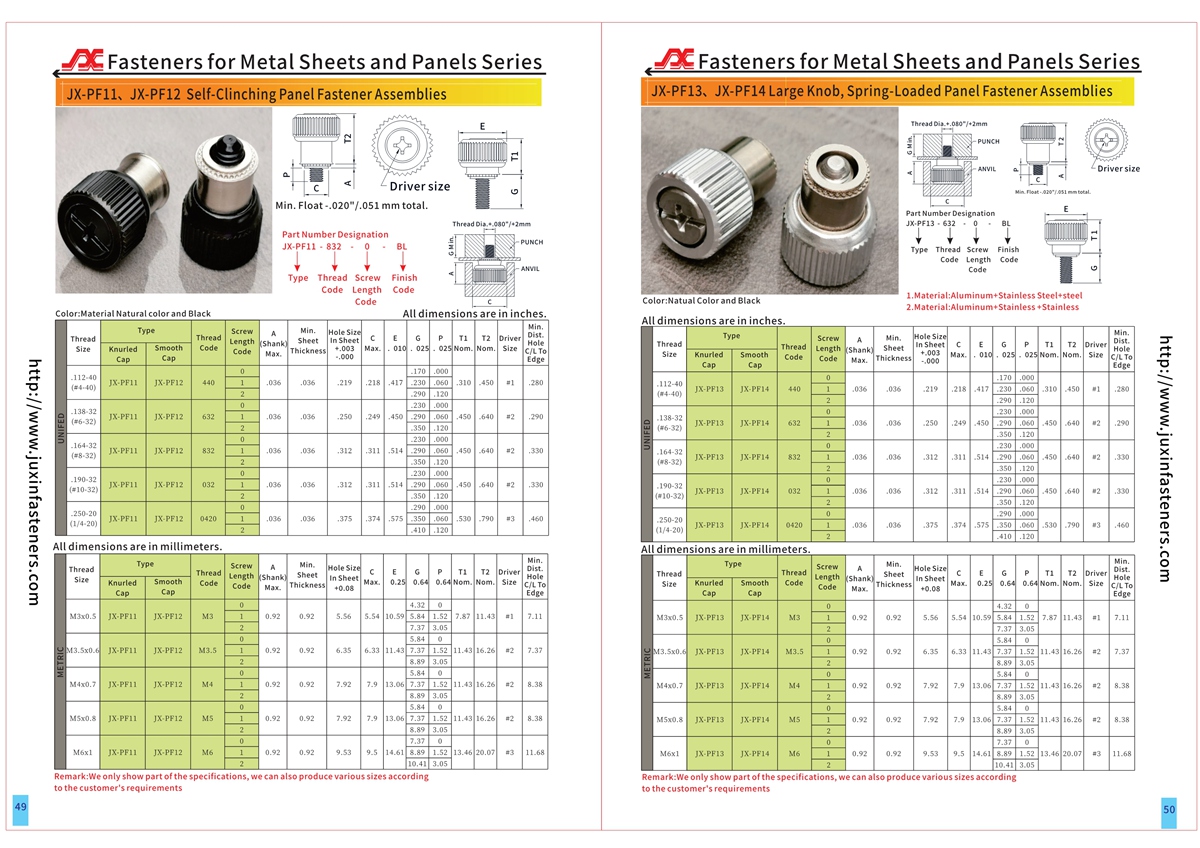 Large Knob, Spring-Loaded – Types Knurled Head. JX-PF11, JX-PF12 Large Knob, Spring-Loaded – Types Knurled Head. JX-PF11, JX-PF12
