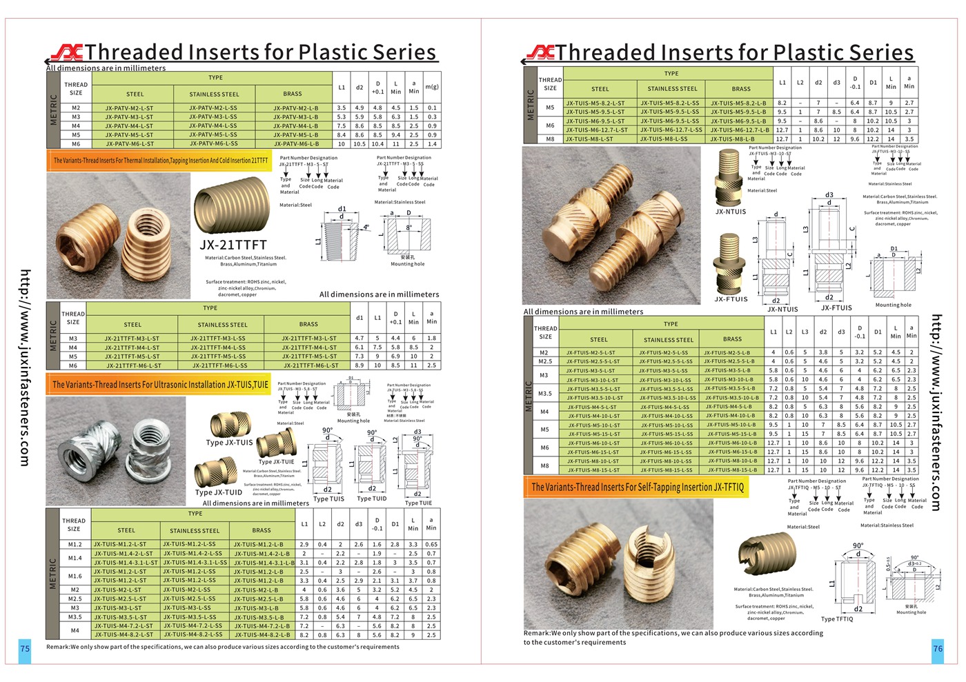 The variants – thread inserts for ultrasonic installation JX-TFTIQ The variants – thread inserts for ultrasonic installation JX-TFTIQ