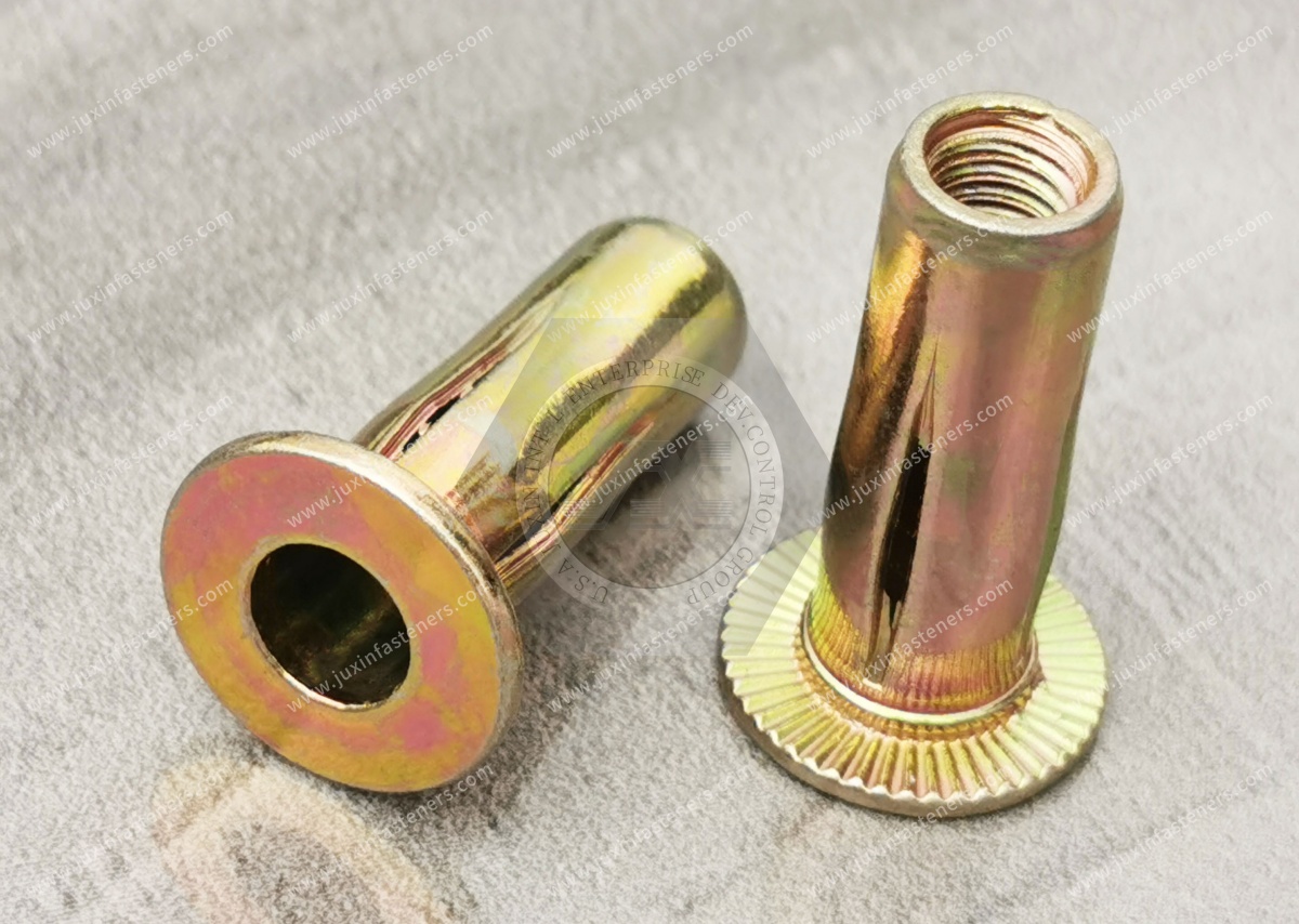 Flat Head Open Blind rivet nuts with slotted shank for ultimate pull-out force values Flat Head Open Blind rivet nuts with slotted shank for ultimate pull-out force values