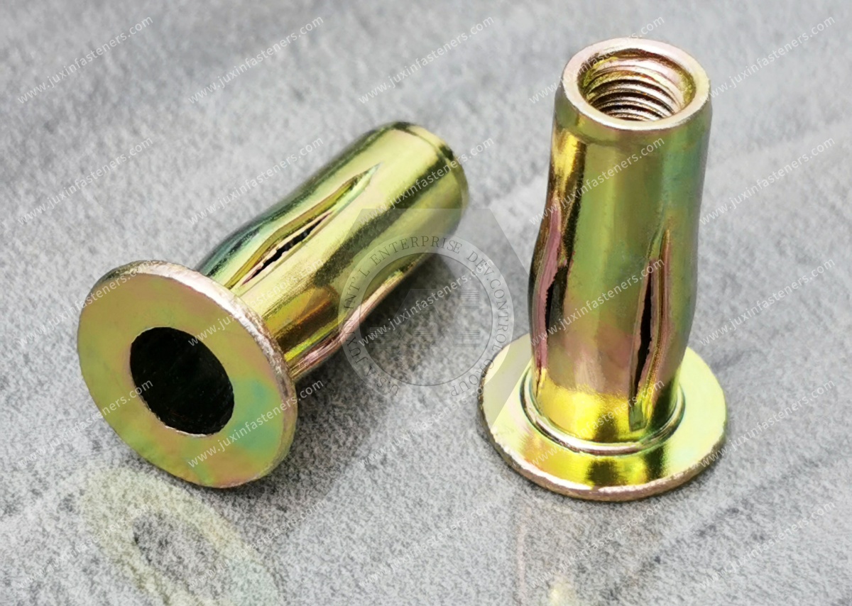 Flat Head Open Blind rivet nuts with slotted shank for ultimate pull-out force values Flat Head Open Blind rivet nuts with slotted shank for ultimate pull-out force values