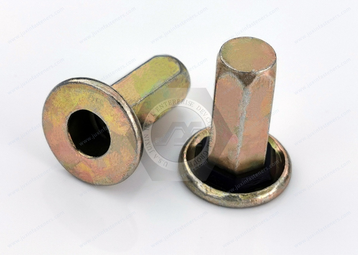 Flat Head Open end Full Hexagonal body Blind Rivet Nuts—Open End, Pressure tight - blind rivet nut with sprayed seal Flat Head Open end Full Hexagonal body Blind Rivet Nuts—Open End, Pressure tight - blind rivet nut with sprayed seal