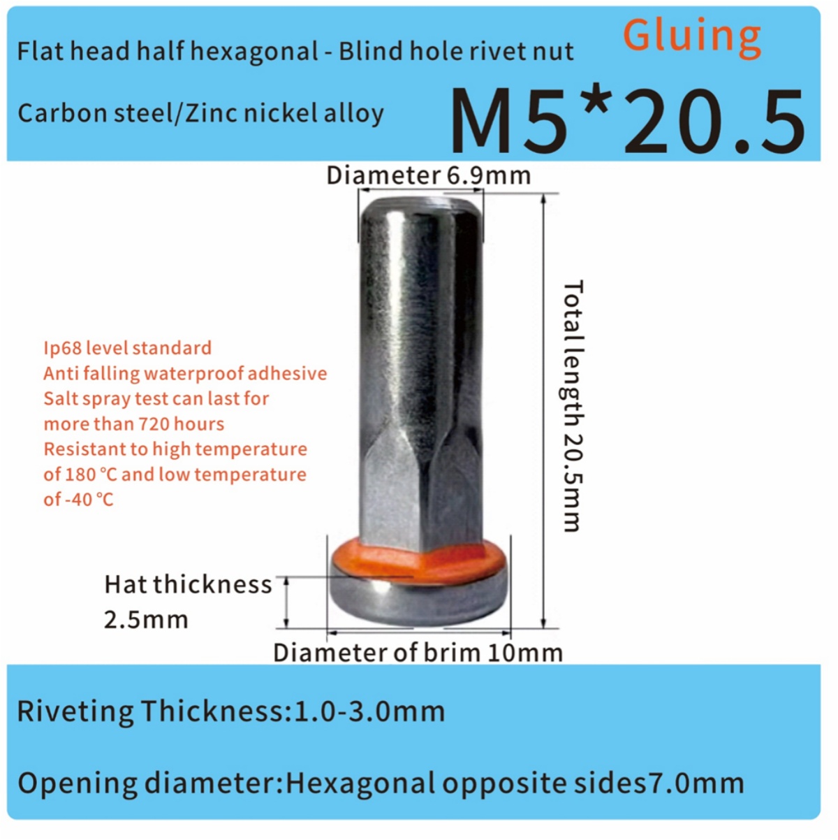 closed end steel sealing part hexagonal M5 rivet nut