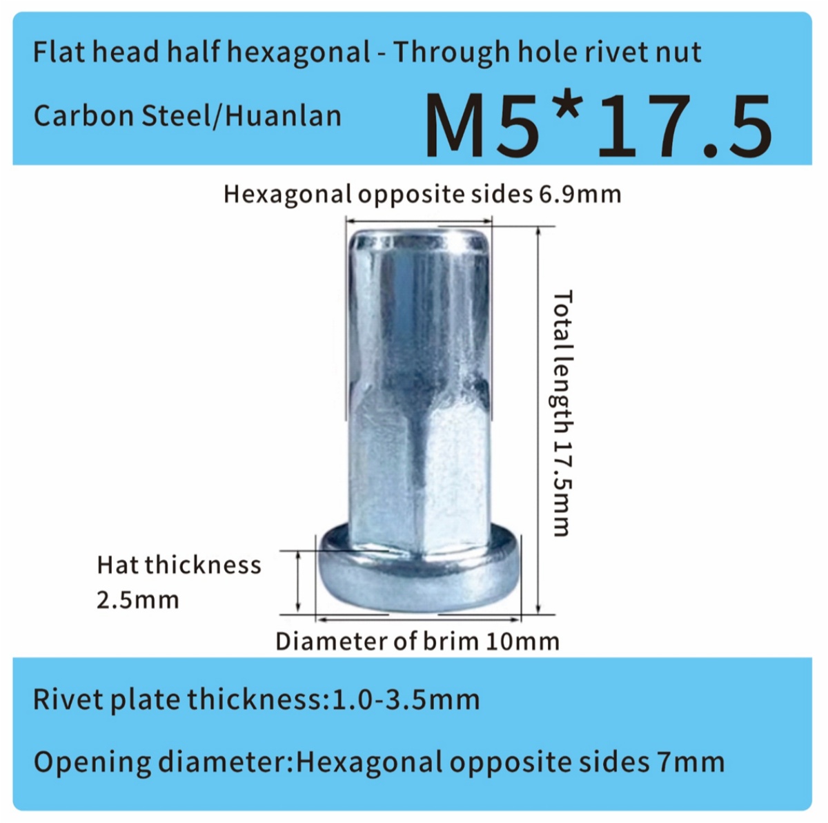 M5x17.5 steel zinc open end rivet nuts for automotive
