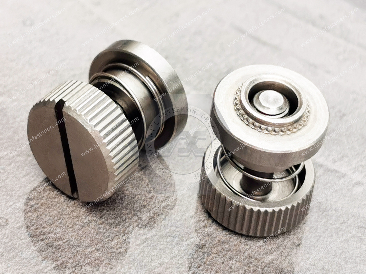 Knurled Head Low Profile Knob, Spring-loaded – Types JX-PF30, JX-PF31, PF32 Knurled Head Low Profile Knob, Spring-loaded – Types JX-PF30, JX-PF31, PF32
