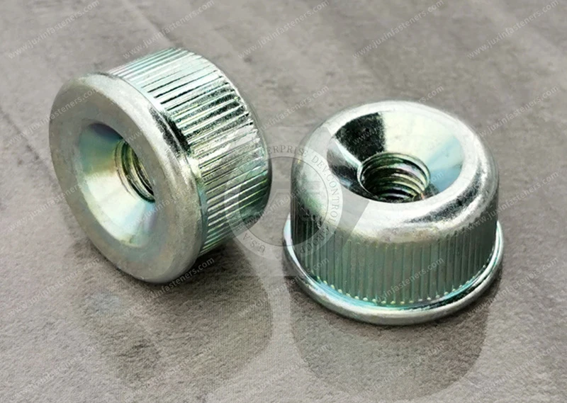 JX-21JG195-M8-D23.3-H15-ST, Carbon steel electroplated environmental protection ROHS color zinc knurled round nuts lighting nuts, pipe fitting nuts