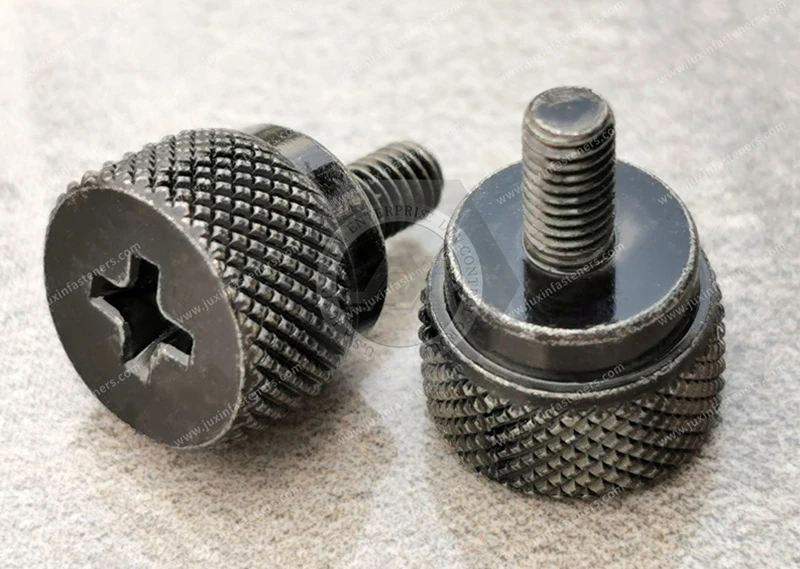 JX-22ZXG553-M3-6-ST, Steel High-Profile Knurled-Head Thumb Screws, Electroplating surface treatment black zinc