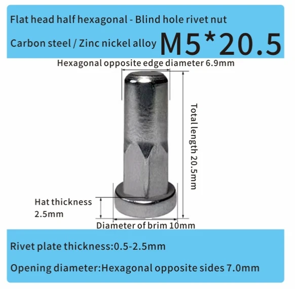 closed end steel part hexagonal rivet nut m5 zinc nickel alloy
