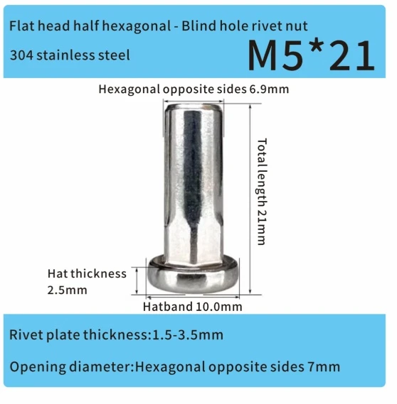 stainless steel closed end m5 part hexagonal flat head rivet nut
