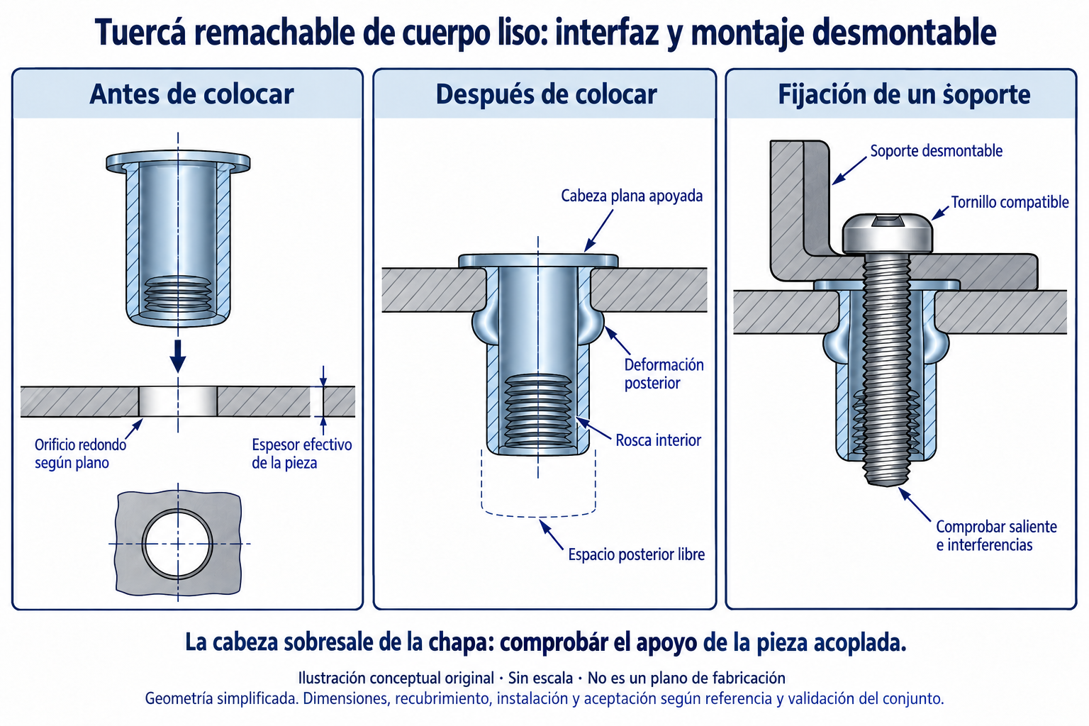 Esquema conceptual: tuerca de cuerpo liso antes y después de colocar y fijación de un soporte con comprobación del saliente del tornillo.
